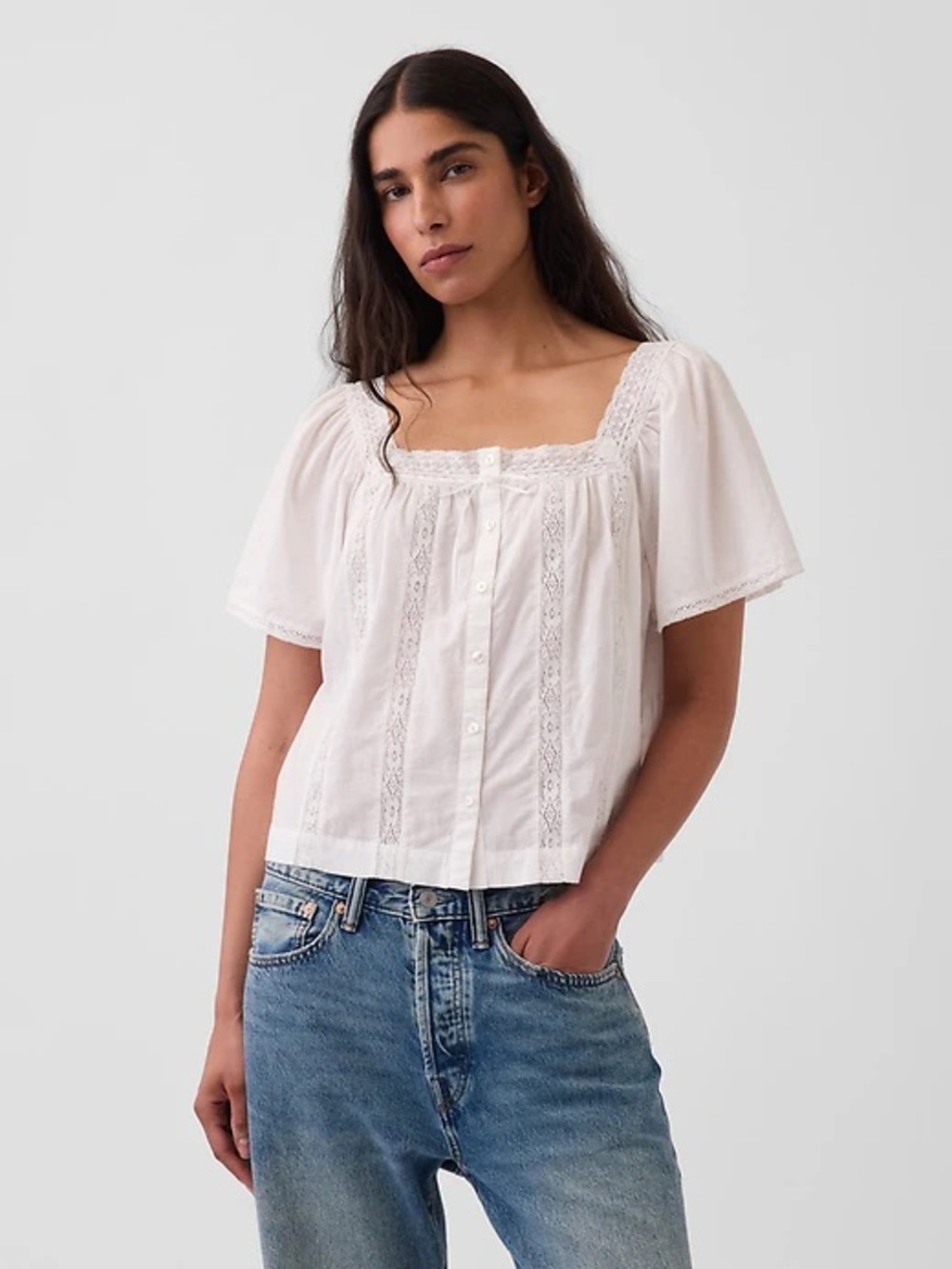 Gap White Lace-Trim Square Neck Button-Front Women's Top